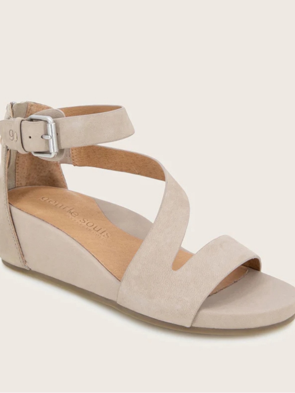 Gentle Souls Gwen Asymmetric Beige Ankle-Strap Wedge Sandal